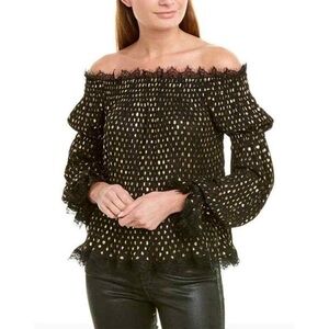 The Kooples Moonlight Black and Gold Off the Shoulder Lace Top Size S